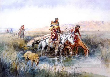 Indios americanos Painting - Las mujeres indias moviendo el campamento 1909 Charles Marion Russell Indios Americanos